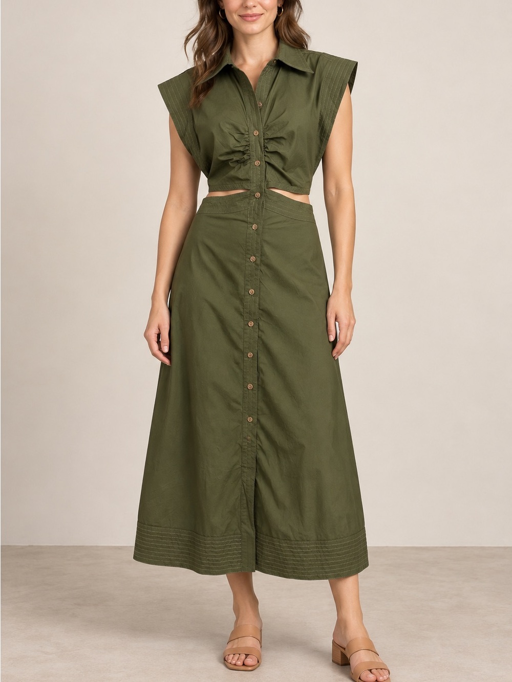 Banana Republic Yasmin Olive Green Cutout Button Front Midi Dress Size 12